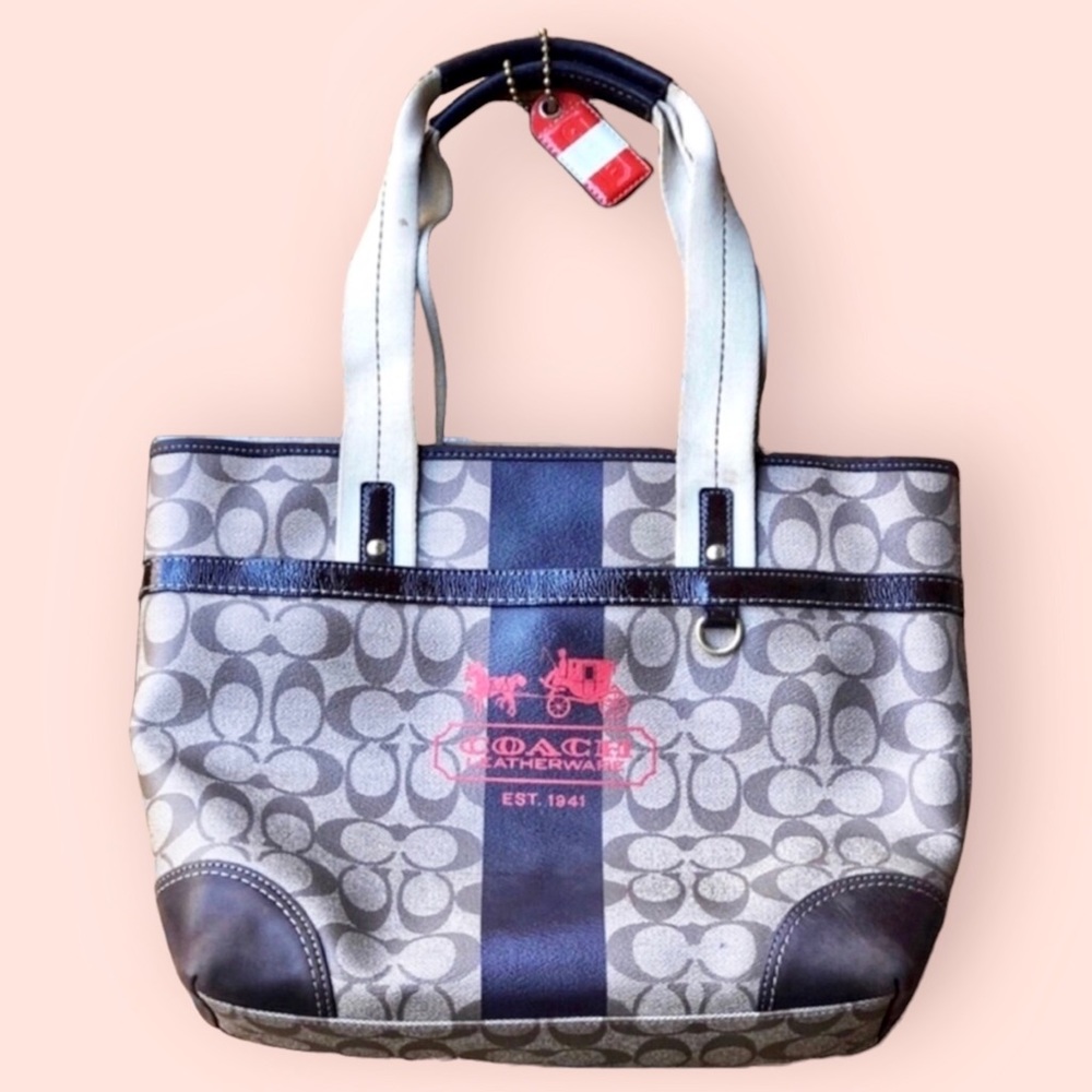 Coach Heritage Stripe Leather Tote, Monogram Canvas, Red Detail, Brown Beige Tan